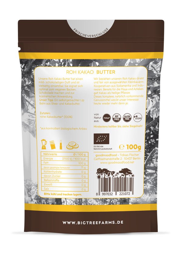 Good Mood Bio Kakao Butter 100 g Rohkostqualität zur Schokoladenherstellung & zur Hautpflege