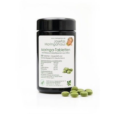 Moringa Greens Presslinge in Rohkostqualität / 250 St. a 500 mg / Violettglas