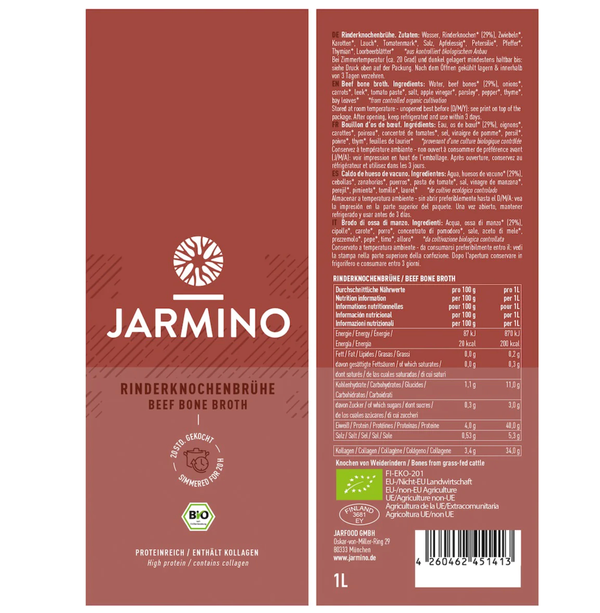 Rinderknochenbrühe Bio  - Proteinreich - enthält Kollagen - Fastenbrühe - von Jarmino 1L